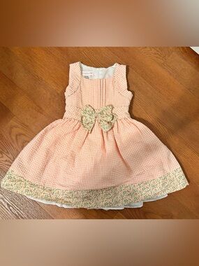 Bonnie Jean Peach Seersucker Gingham Dress 3T - Floral Trim & Bow